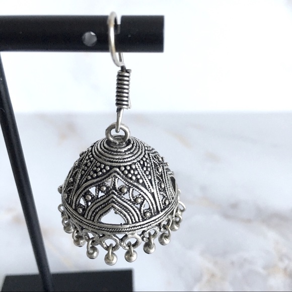 Silver Plated Brass Jhumka Earrings Oxidized Look - Picture 2 of 7